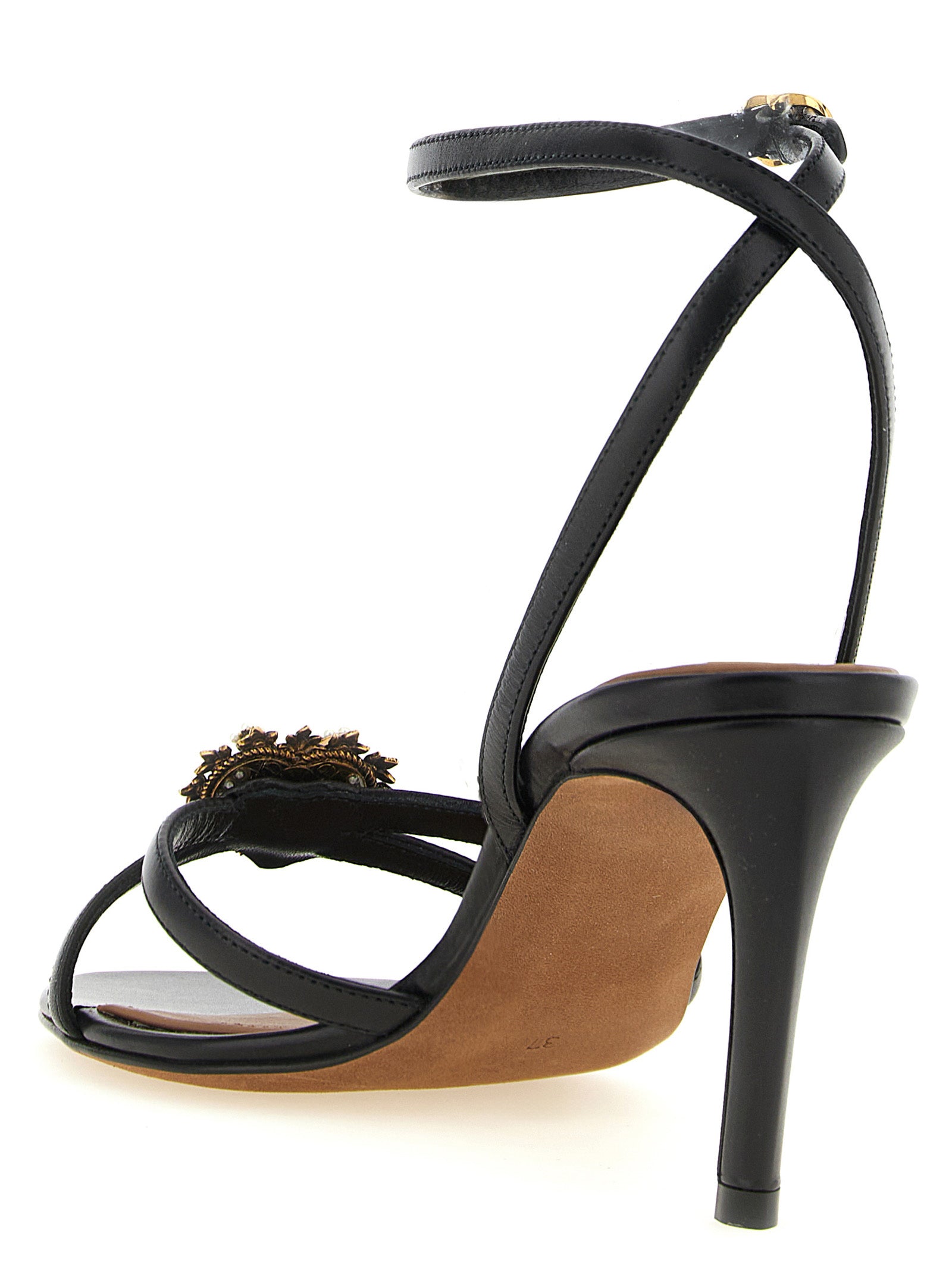 Stiletto Ankle Strap Sandals by Dolce & Gabbana for women in calfskin leather black & pearl features an exquisite silhouette, showcasing the exquisite Devotion Women's Calfskin Leather Stiletto Ankle Strap Sandals with a stiletto and .