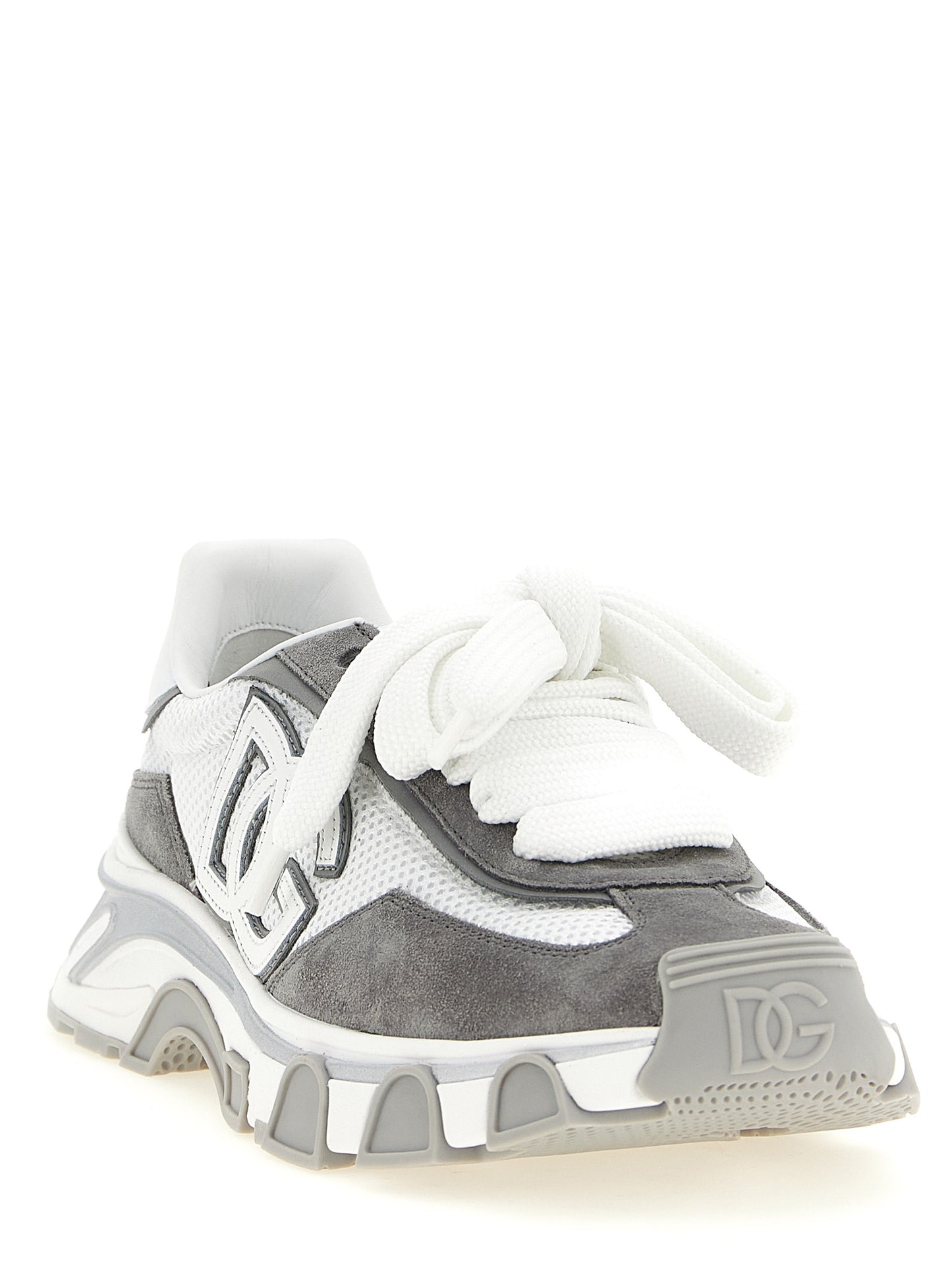 Athletic Sneakers by Dolce & Gabbana for women in tu polyester & suede calf leather gray showcases an impeccable silhouette, defined by an impeccable athletic style design that perfectly captures the essence of the Women's Athletic TU Polyester & Suede Calf Leather Sneakers.