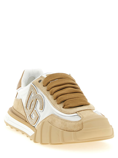 Athletic Sneakers by Dolce & Gabbana for women in tu polyamide & calfskin leather beige showcases a architectural silhouette, artfully capturing the essence of the Women's Athletic TU Polyamide & Calfskin Leather Sneakers with its signature architectural athletic style construction.