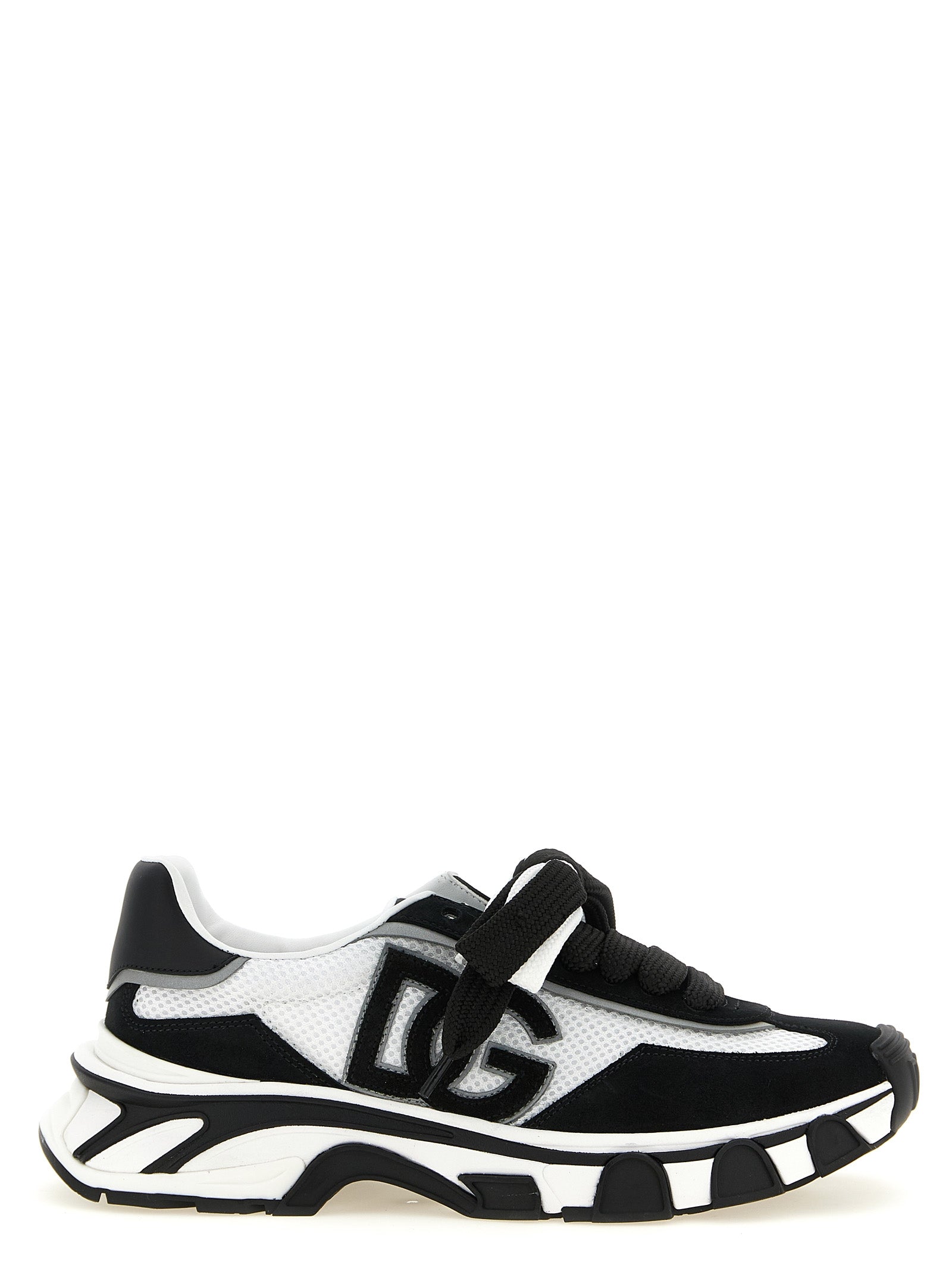 Athletic Sneakers by Dolce & Gabbana for women in tu polyester & suede calf leather bicolour, black & white showcases a architectural silhouette, artfully capturing the essence of the Women's Athletic TU Polyester & Suede Calf Leather Sneakers with its signature architectural athletic style construction.