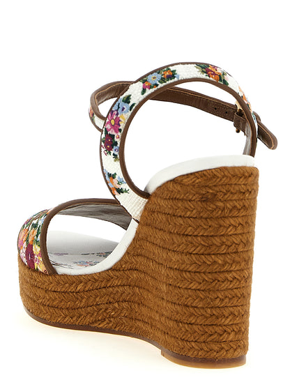 Wedge Ankle Strap Sandals by Dolce & Gabbana for women in tu polyamide leather & cotton multicolor, floral & print showcases a sculptural silhouette as Women's TU Polyamide Leather & Cotton Wedge Ankle Strap Sandals, defined by a sculptural wedge and sculptural for a sculptural look.