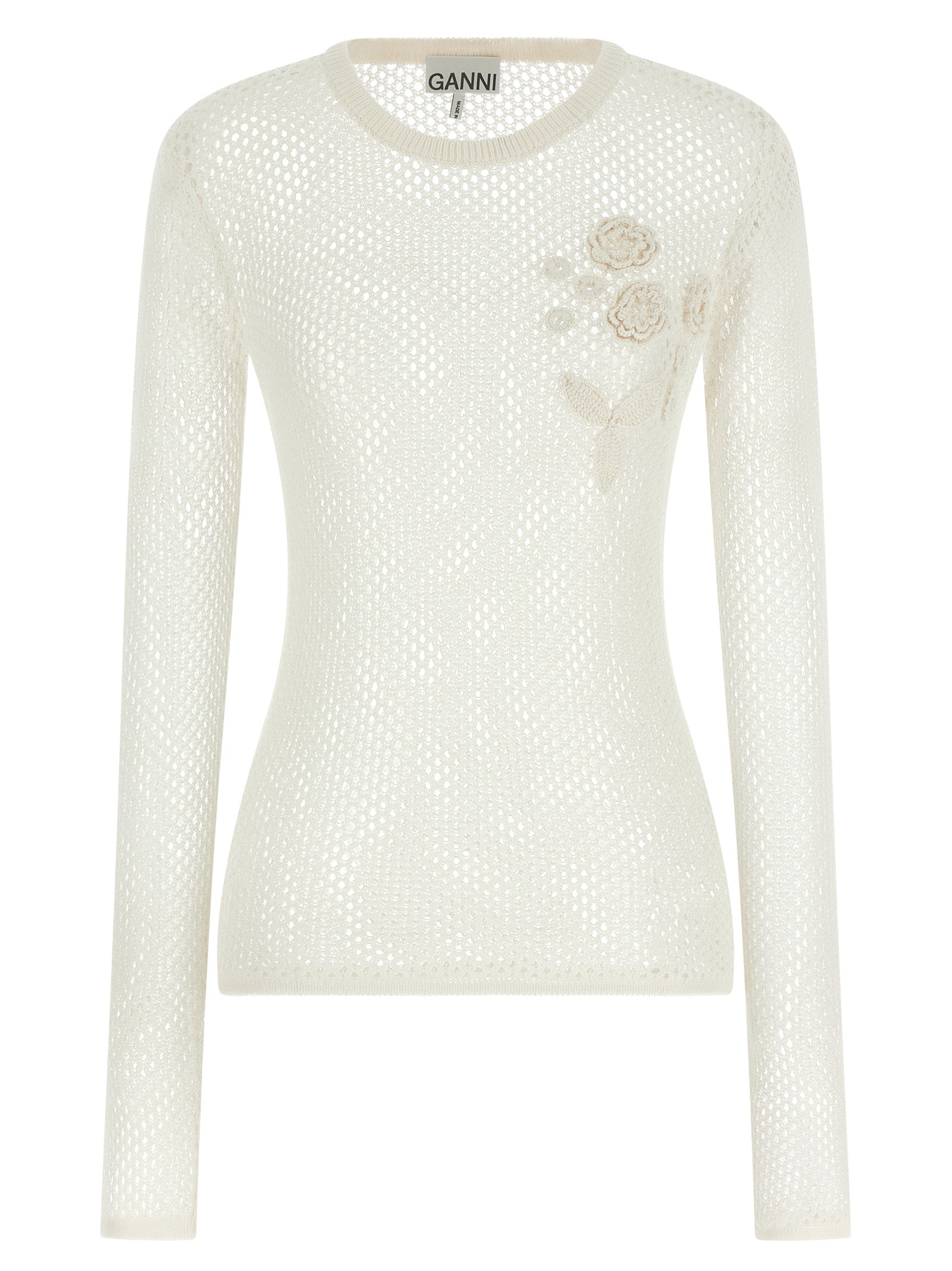 Cardigan by Ganni for women in organic cotton white & floral features an impeccable silhouette, showcasing a sophisticated round neckline and long-sleeve detail for a truly impeccable finish.
