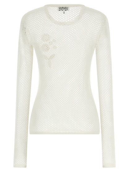 Cardigan by Ganni for women in organic cotton white & floral showcases a captivating silhouette, artfully detailed with a captivating and round neckline for a truly sophisticated captivating look.
