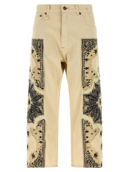 R13 Women's Straight Leg Regular Fit Wide Denim Cotton Jeans - Beige Signature Print