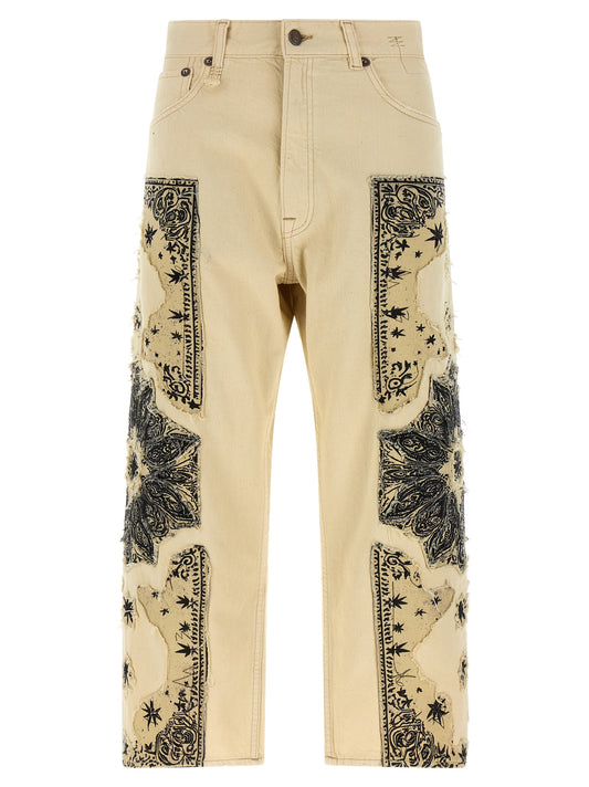 R13 Women's Straight Leg Regular Fit Wide Denim Cotton Jeans - Beige Signature Print