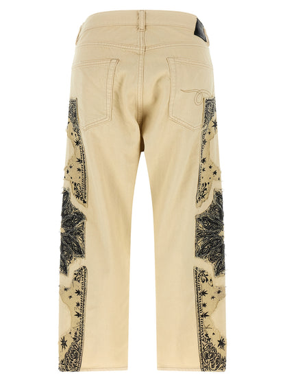 R13 Women's Straight Leg Regular Fit Wide Denim Cotton Jeans - Beige Signature Print