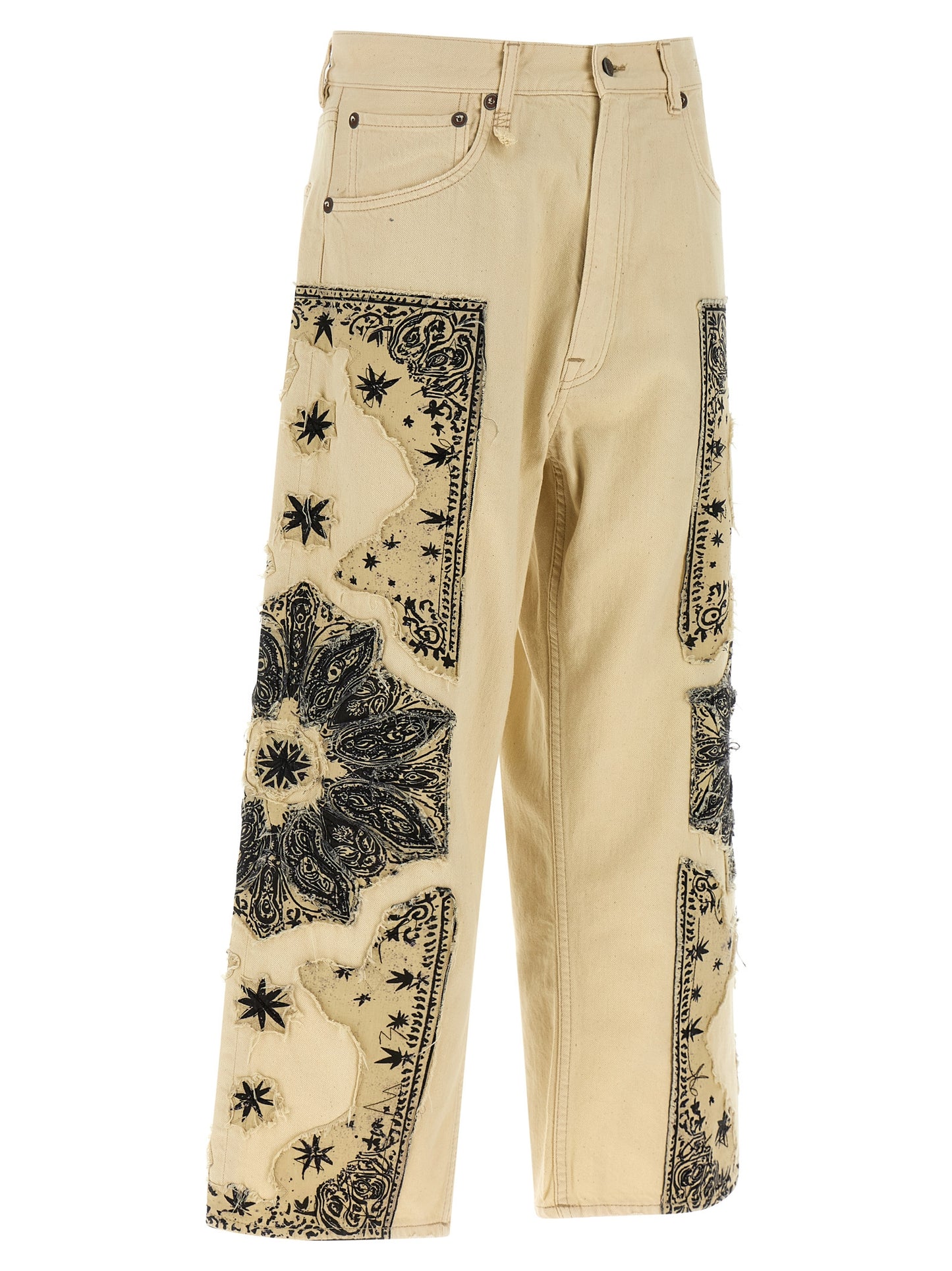 R13 Women's Straight Leg Regular Fit Wide Denim Cotton Jeans - Beige Signature Print