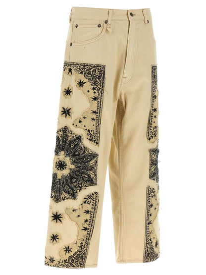 R13 Women's Straight Leg Regular Fit Wide Denim Cotton Jeans - Beige Signature Print