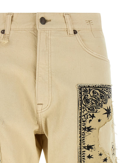 R13 Women's Straight Leg Regular Fit Wide Denim Cotton Jeans - Beige Signature Print