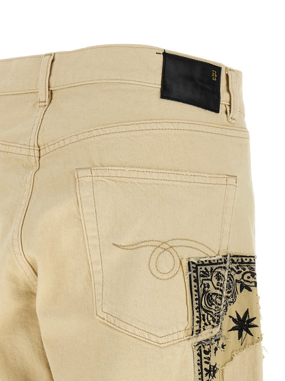 R13 Women's Straight Leg Regular Fit Wide Denim Cotton Jeans - Beige Signature Print