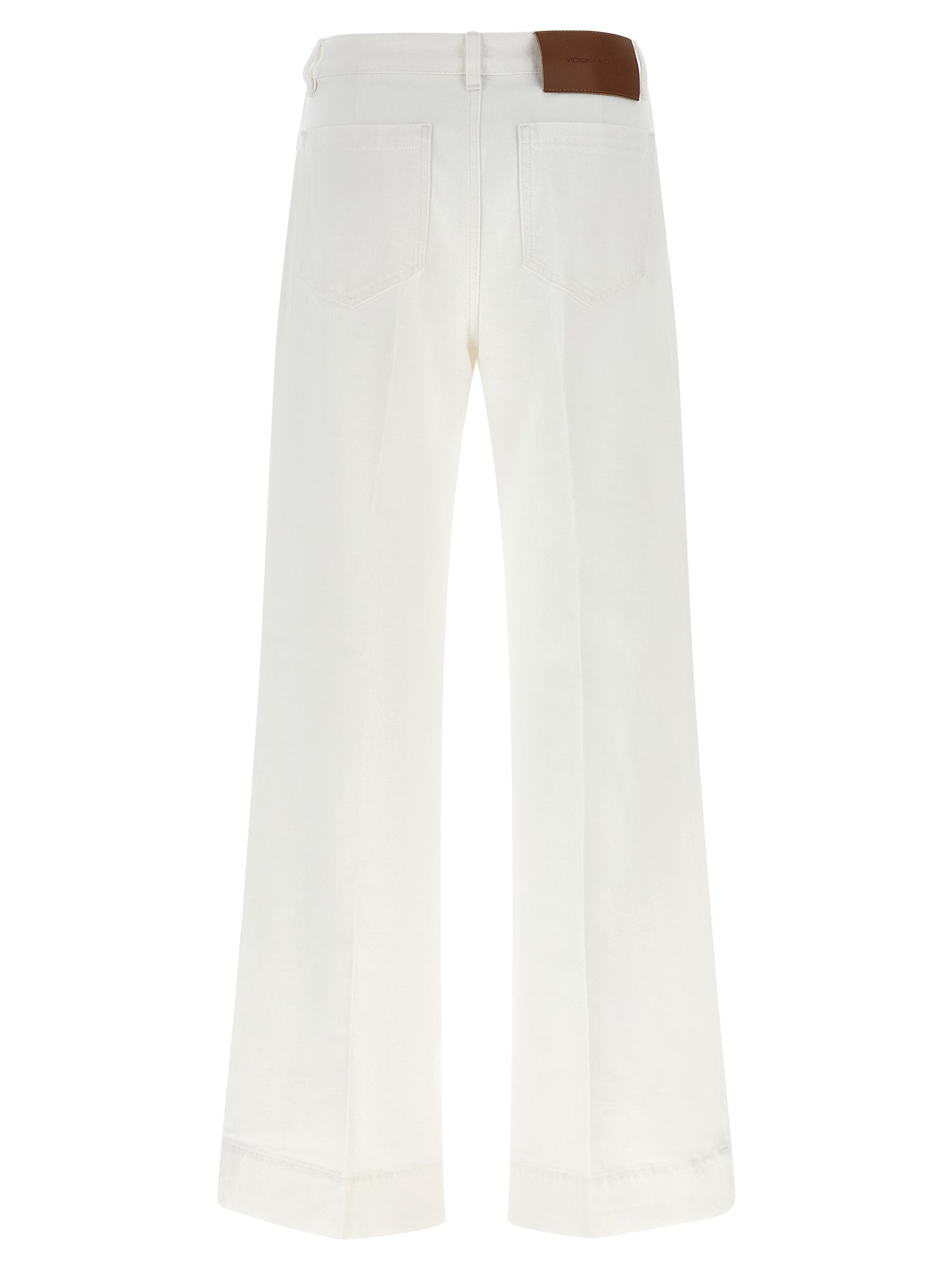 Jeans by Victoria Beckham for women in stretch denim cotton white presents a tailored silhouette, showcasing a tailored flared & wide and long cut with a refined high rise for a truly tailored aesthetic.