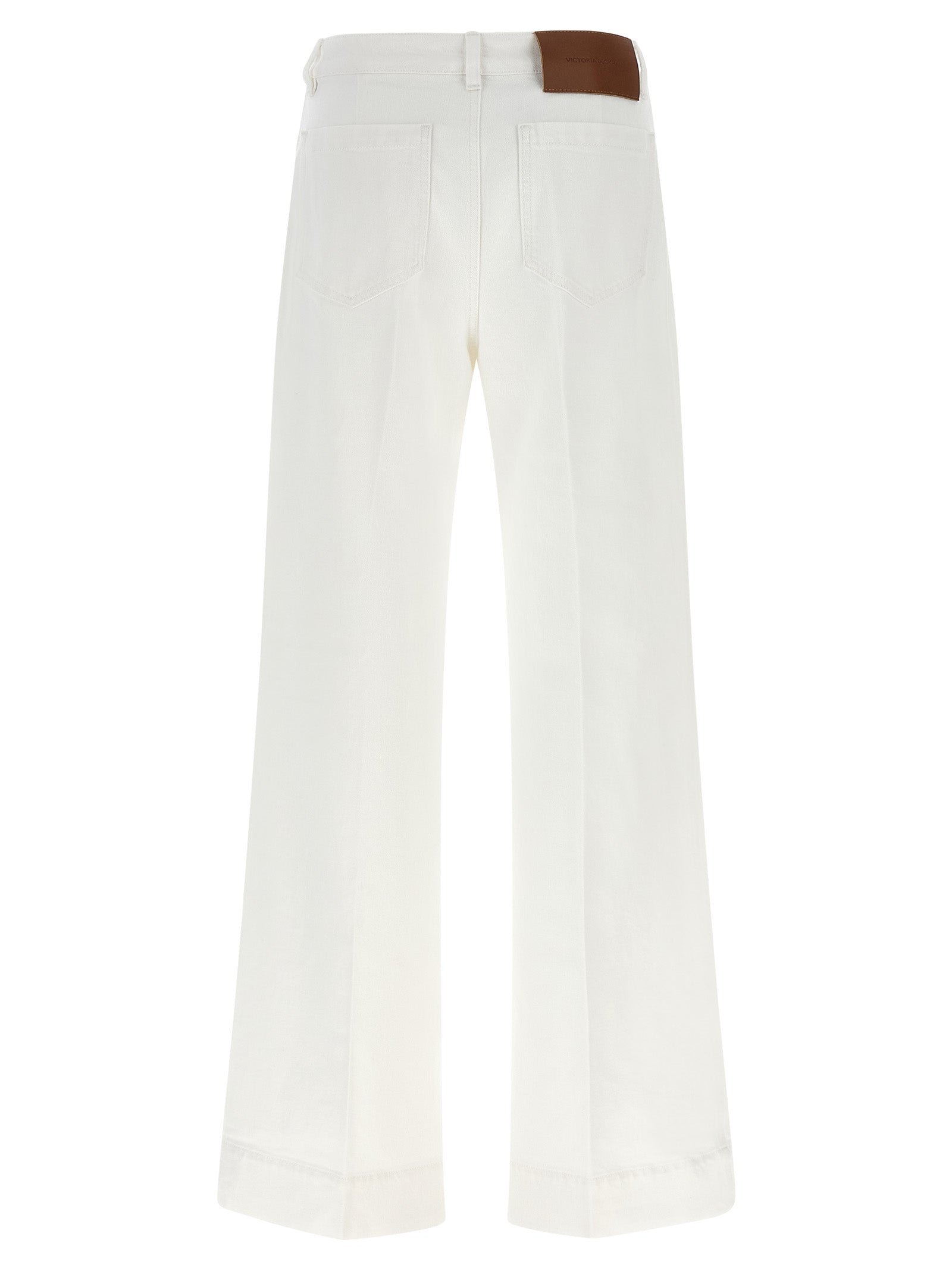 Jeans by Victoria Beckham for women in stretch denim cotton white presents a tailored silhouette, showcasing a tailored flared & wide and long cut with a refined high rise for a truly tailored aesthetic.