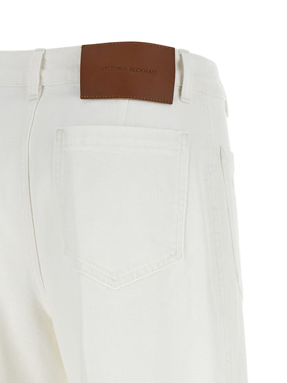 Jeans by Victoria Beckham for women in stretch denim cotton white presents a refined pantology silhouette, artfully defined by a refined pantology flared & wide, long, and a sophisticated high rise.