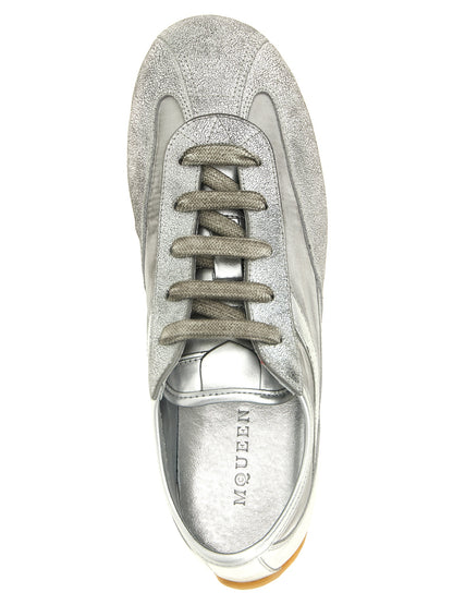 Athletic Sneakers by Alexander McQueen for women in nylon leather silver presents a sleek silhouette, perfectly capturing the athletic style essence of Women's Athletic Nylon Leather Sneakers with its sleek design and premium finish.