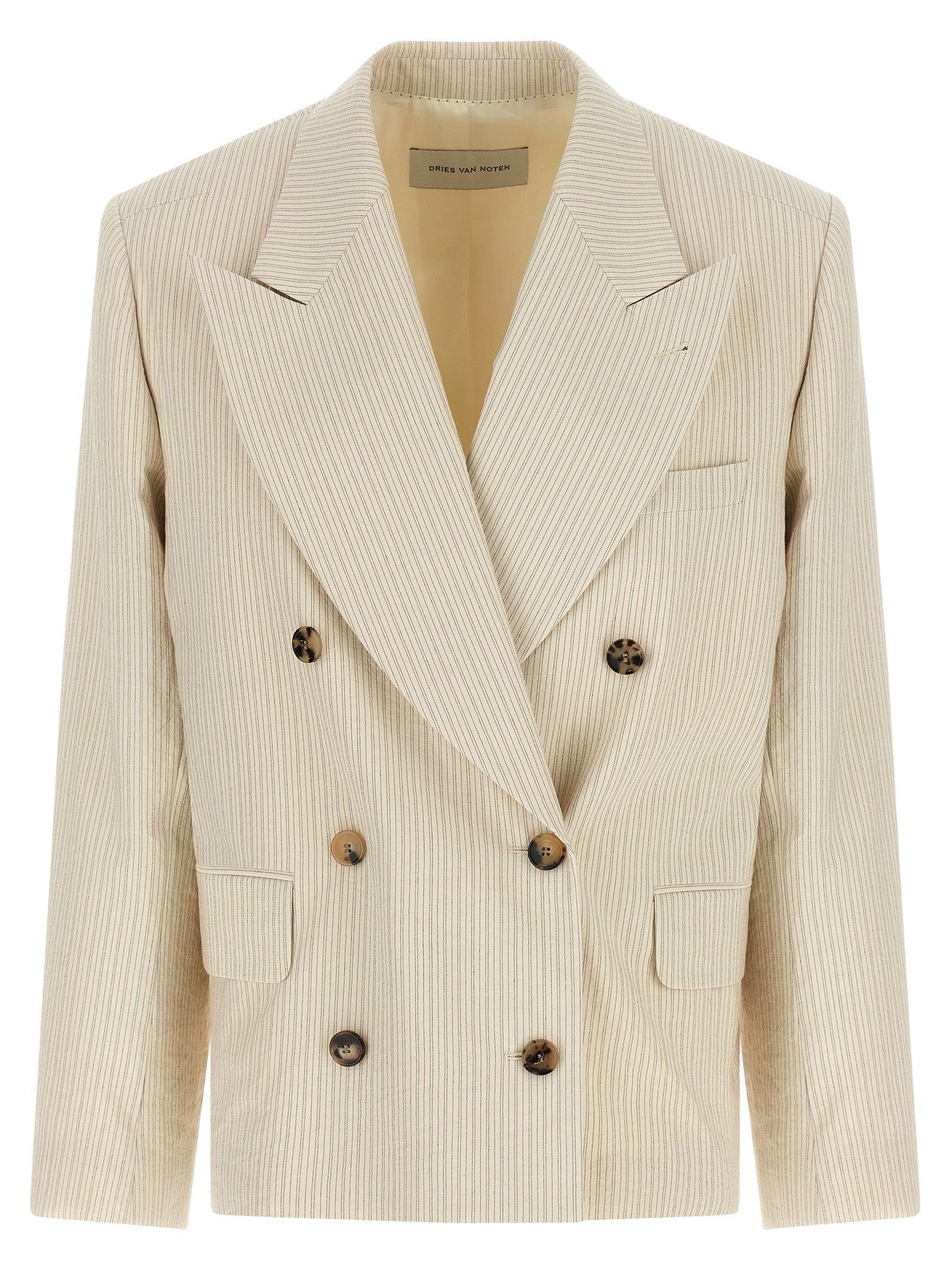 Blazer by Dries Van Noten for women in cotton beige, horn & striped features an sartorial silhouette, showcasing a sophisticated and sartorial for a truly sartorial finish.