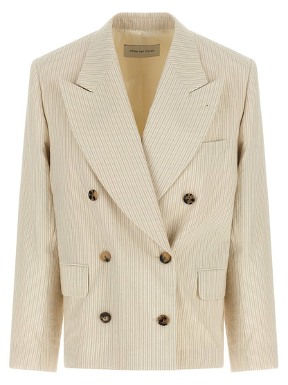 Blazer by Dries Van Noten for women in cotton beige, horn & striped features an sartorial silhouette, showcasing a sophisticated and sartorial for a truly sartorial finish.
