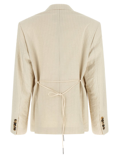 Blazer by Dries Van Noten for women in cotton beige, horn & striped showcases a discerning silhouette, elegantly detailed with a sophisticated and premium for a truly discerning finish.