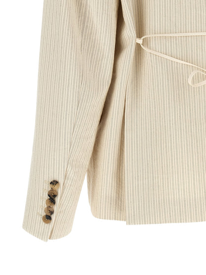 Blazer by Dries Van Noten for women in cotton beige, horn & striped presents a distinguished silhouette, detailed with a distinguished and distinctive for a truly sophisticated finish.