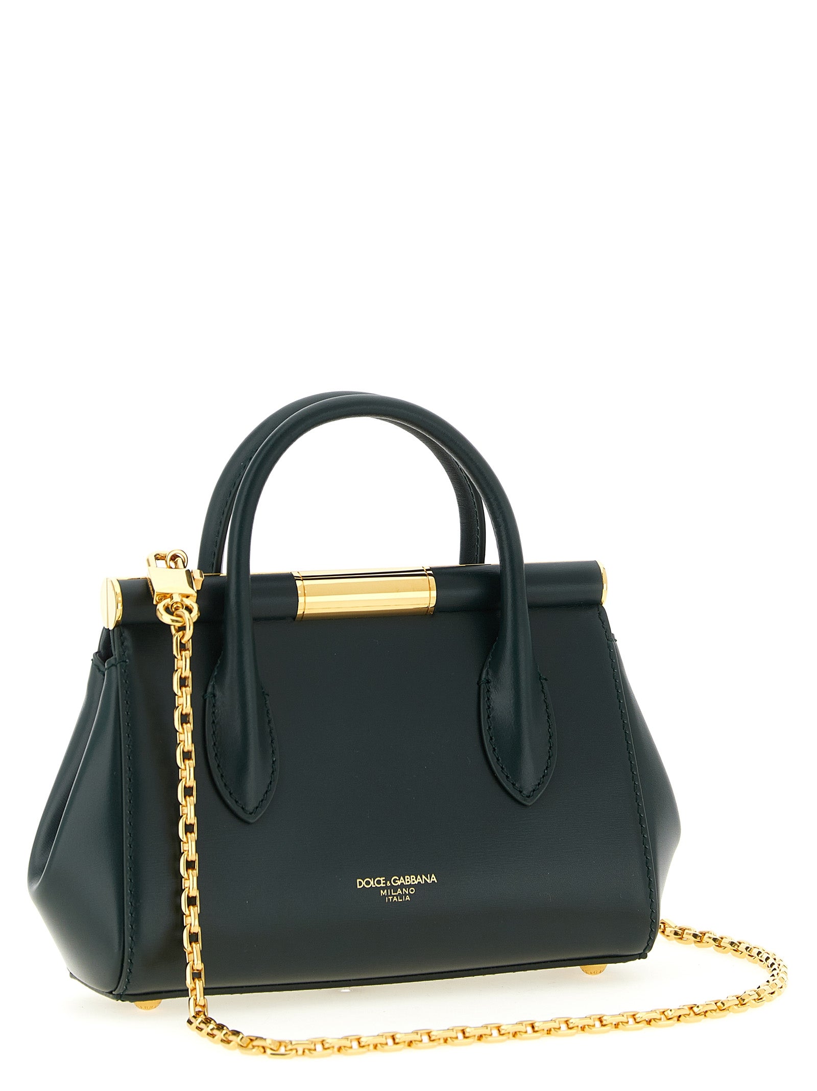 This Mini Evening Handbag by Dolce & Gabbana for women in zamak calf leather & brass and bicolour & green presents a sculptural silhouette featuring a secure , ample , and versatile shoulder-strap & handle for a sculptural finish.