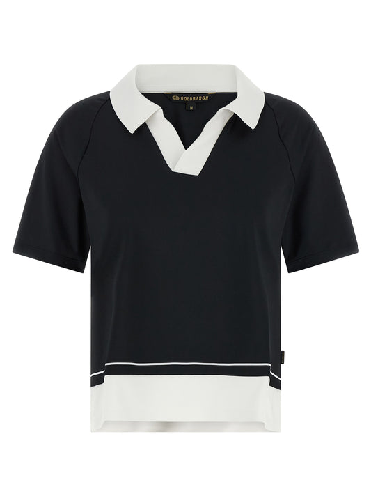 This Polo Shirt by GOLDBERGH for women in stretch polyester bicolour, black & white presents a flawless silhouette, showcasing flawless short-sleeve detailing and a refined for a truly flawless aesthetic.