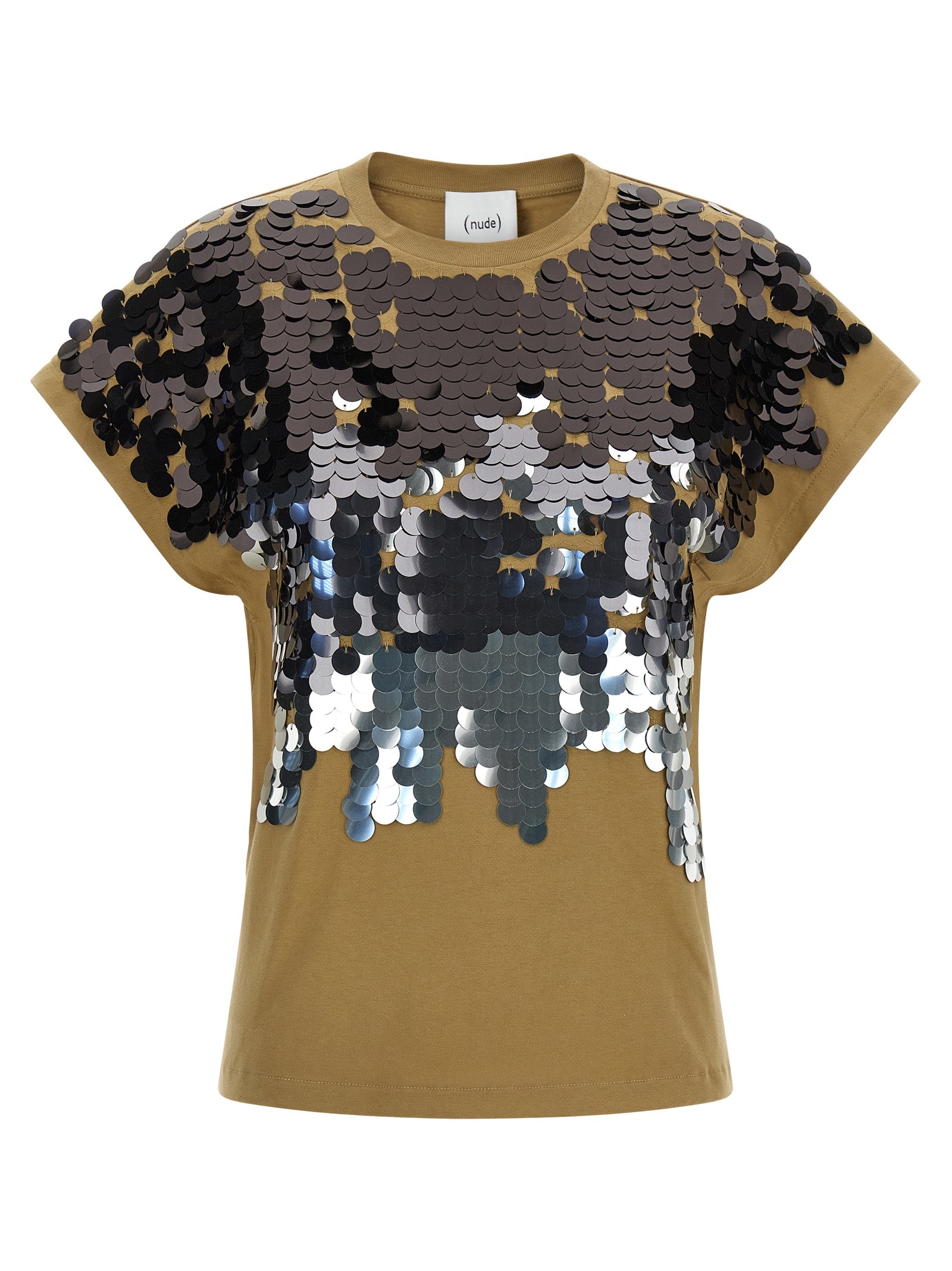 T-Shirt by NUDE for women in cotton sequins brown & nude features an edgy silhouette, meticulously detailed with a sophisticated short-sleeve and crew neckline for a truly edgy finish.