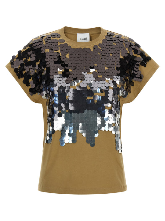 T-Shirt by NUDE for women in cotton sequins brown & nude features an edgy silhouette, meticulously detailed with a sophisticated short-sleeve and crew neckline for a truly edgy finish.