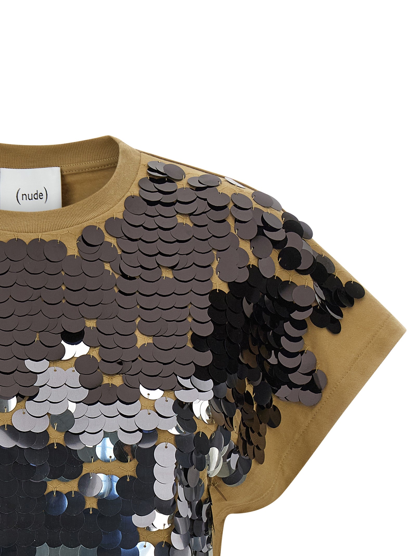 T-Shirt by NUDE for women in cotton sequins brown & nude showcases a dramatic silhouette, elegantly detailed with a dramatic crew neckline and for a truly dramatic finish.