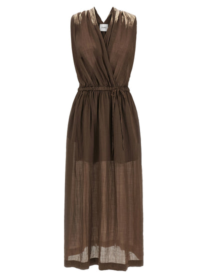 NUDE Women's V Neck Linen Long Dress - Brown Nude