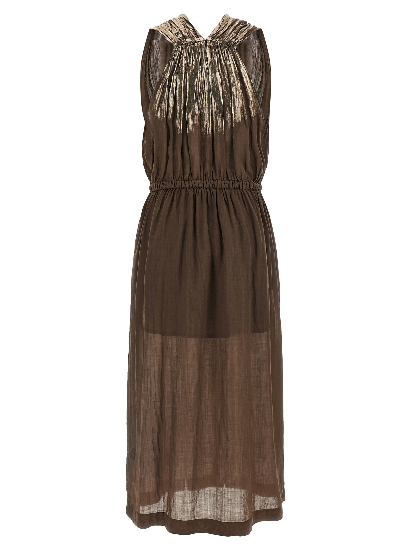 NUDE Women's V Neck Linen Long Dress - Brown Nude