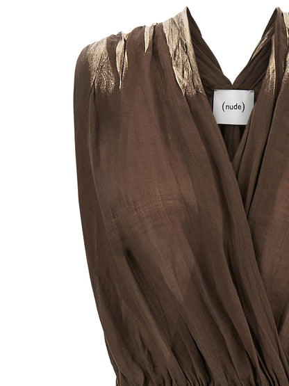 NUDE Women's V Neck Linen Long Dress - Brown Nude