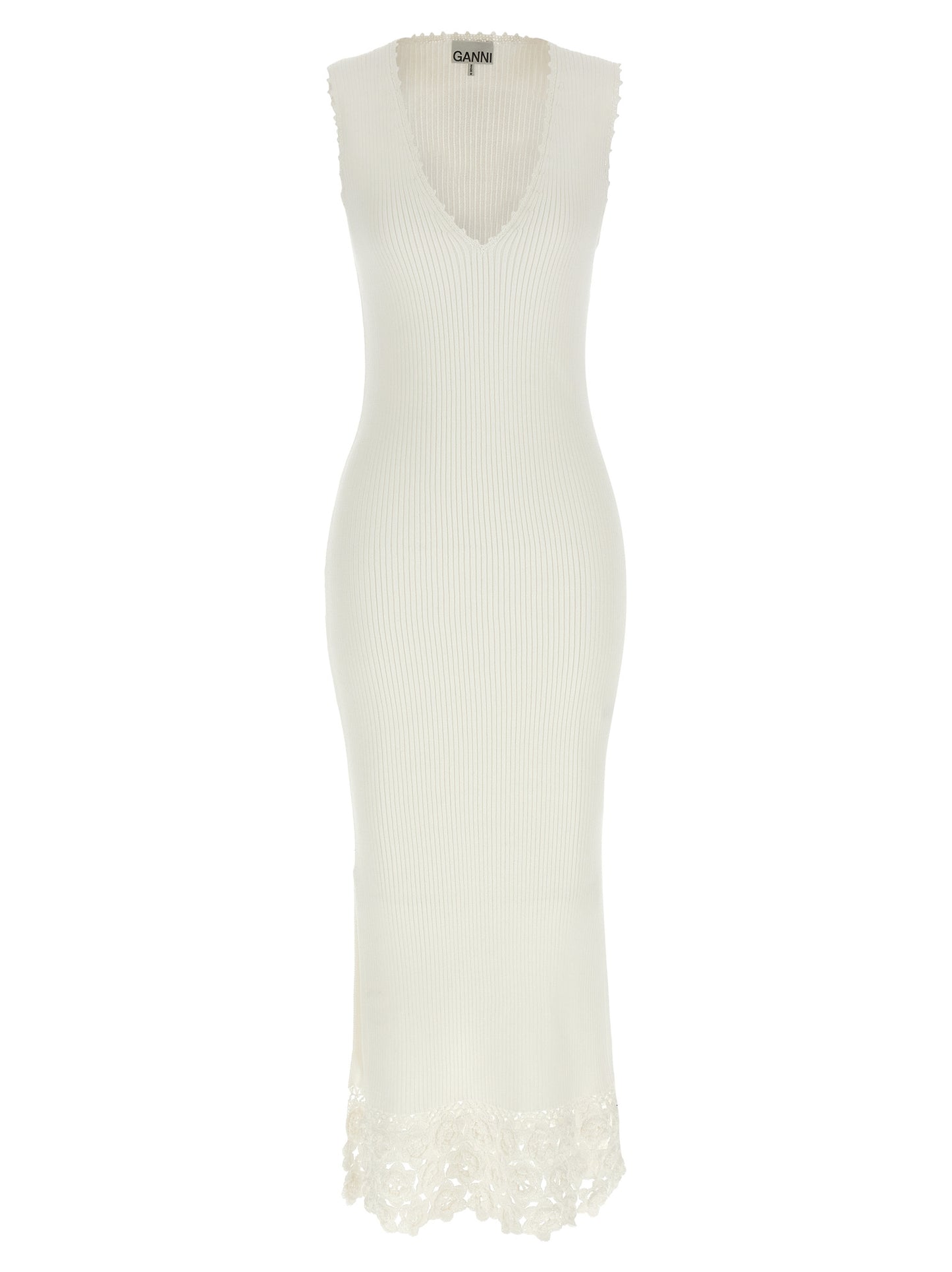 Dress by Ganni for women in organic cotton & polyamide white features a dramatic silhouette, showcasing an elegant v-neck neckline and sleeveless that flows into a dramatic long.