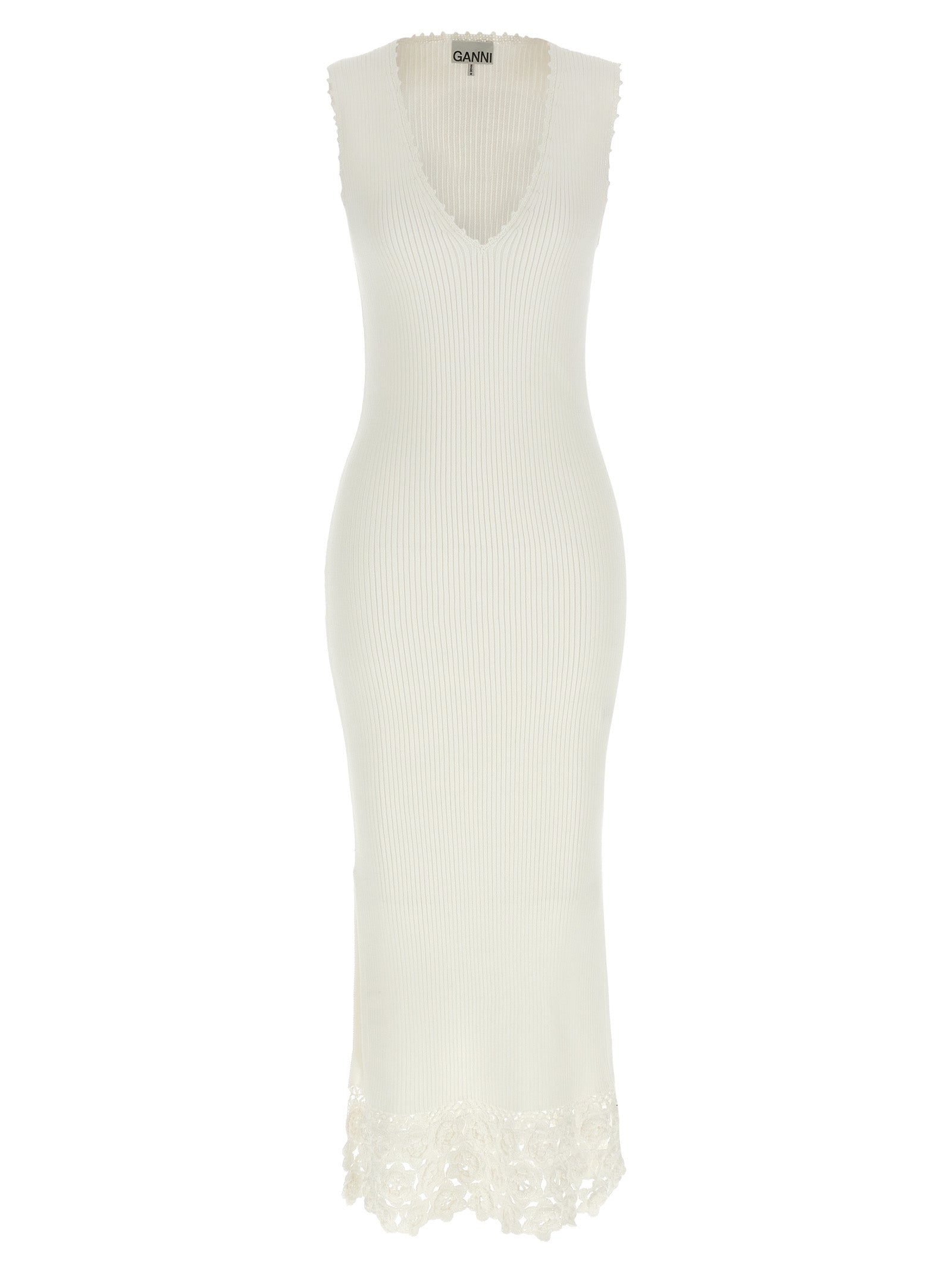 Dress by Ganni for women in organic cotton & polyamide white features a dramatic silhouette, showcasing an elegant v-neck neckline and sleeveless that flows into a dramatic long.