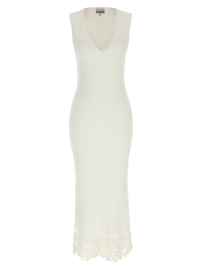 Dress by Ganni for women in organic cotton & polyamide white features a dramatic silhouette, showcasing an elegant v-neck neckline and sleeveless that flows into a dramatic long.