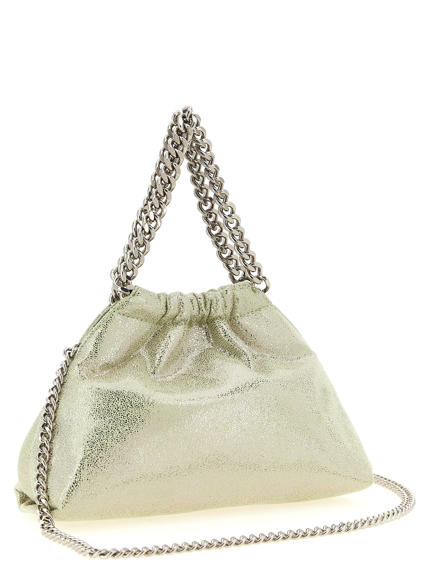 Mini Drawstring Handbag by Stella McCartney for women in stretch polyester bicolour & green features a ornamental silhouette, showcasing a secure drawstring, ample , and ornamental for a sophisticated look.