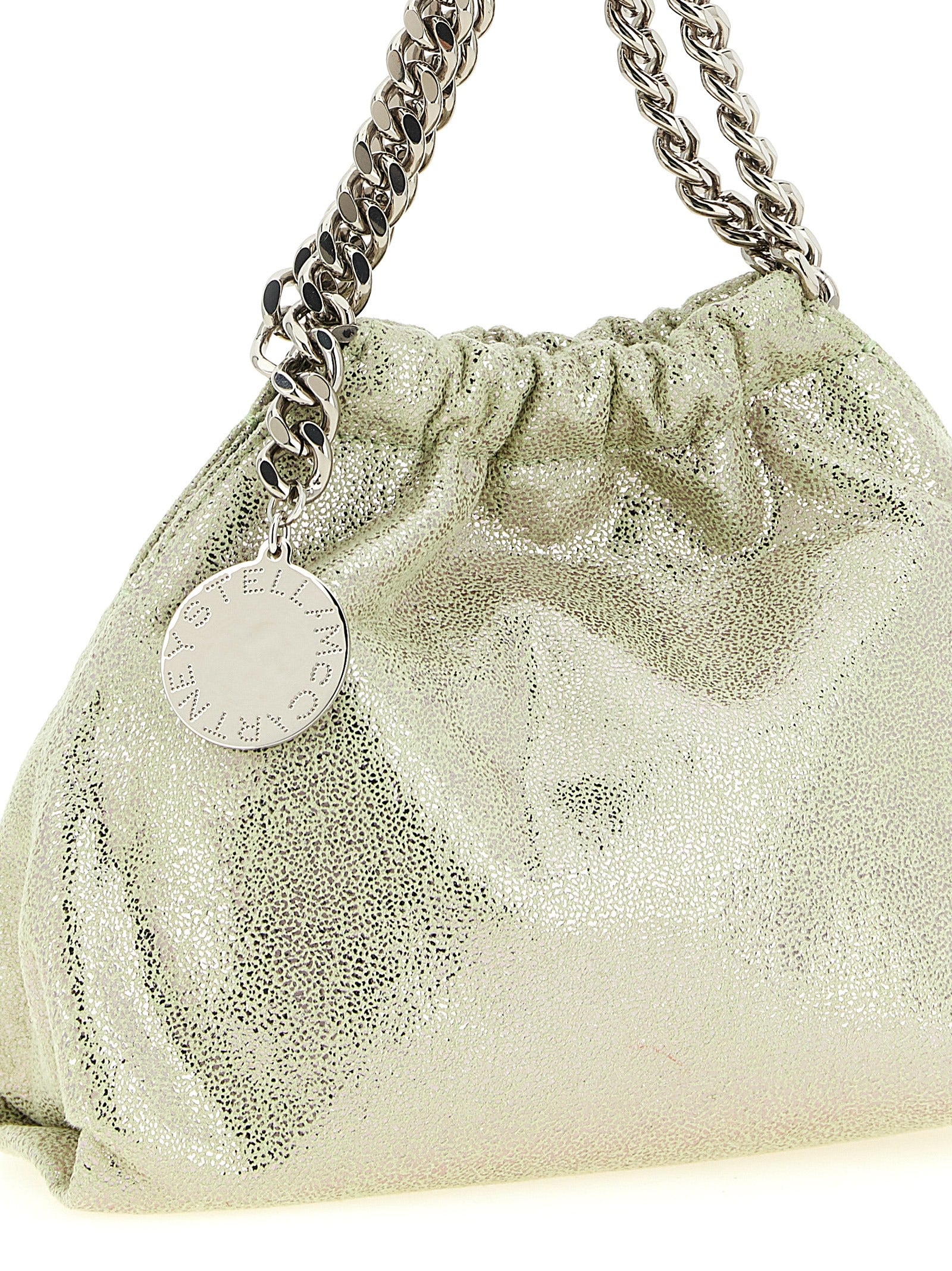 Mini Drawstring Handbag by Stella McCartney for women in stretch polyester bicolour & green features a signature silhouette, showcasing a secure drawstring and signature with versatile for a sophisticated look.