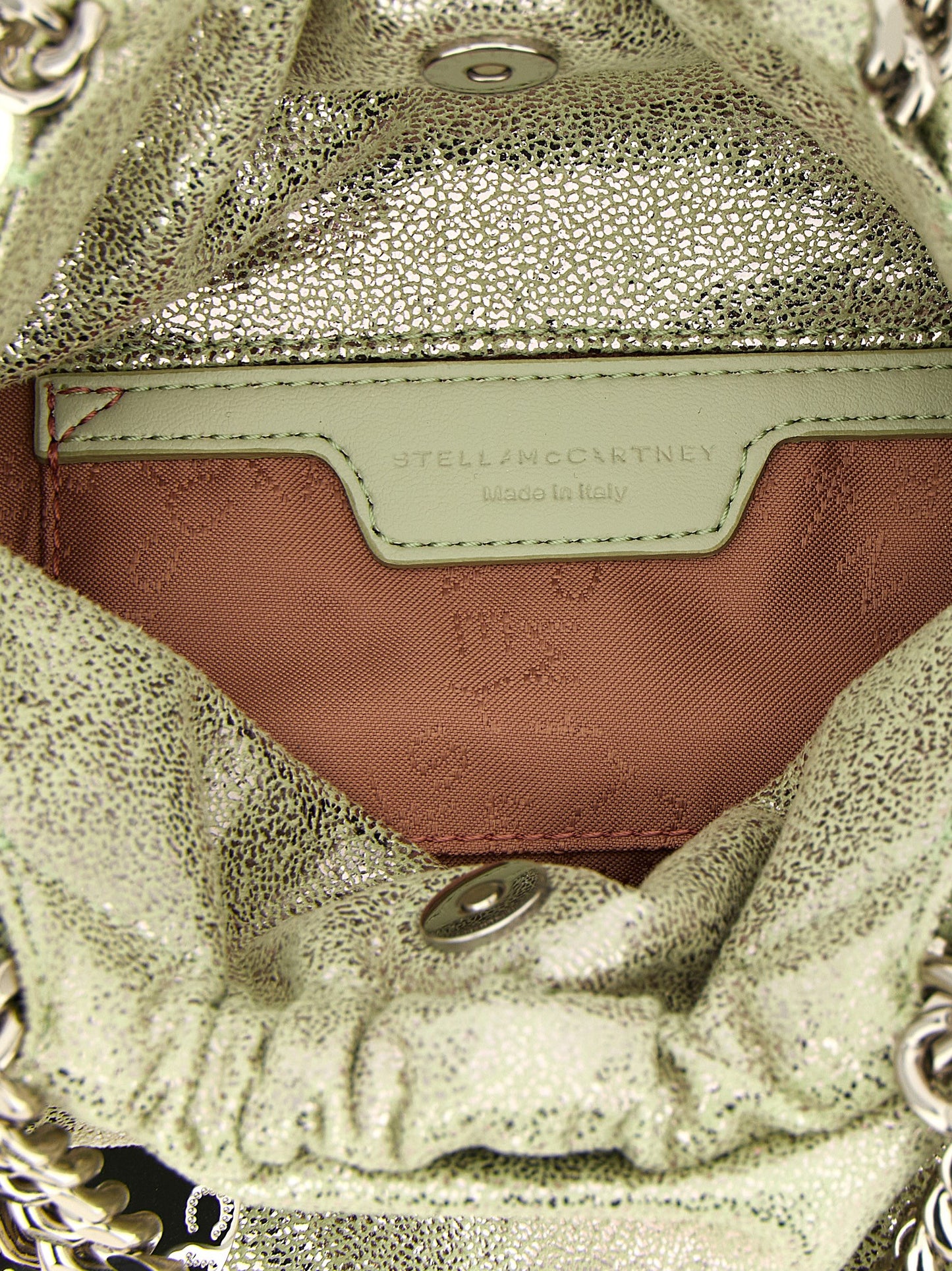 Mini Drawstring Handbag by Stella McCartney for women in stretch polyester bicolour & green features a signature silhouette, showcasing a secure drawstring and signature with versatile for a sophisticated look.