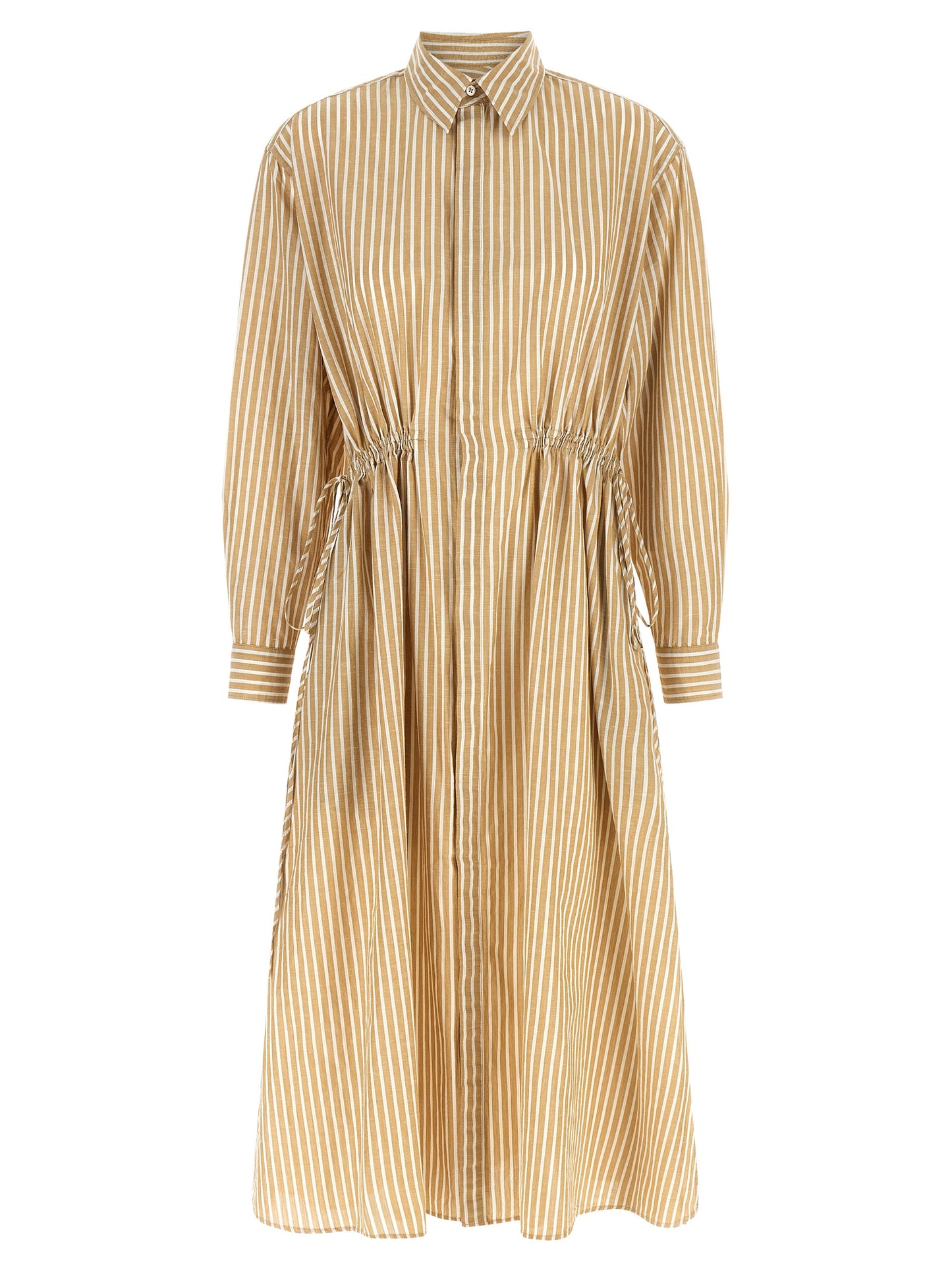 Dress by Polo Ralph Lauren for women in linen & cotton beige & striped presents a sinuous silhouette, showcasing a sophisticated and detailed with a sinuous midi for a refined finish.