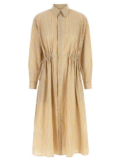 Dress by Polo Ralph Lauren for women in linen & cotton beige & striped presents a sinuous silhouette, showcasing a sophisticated and detailed with a sinuous midi for a refined finish.