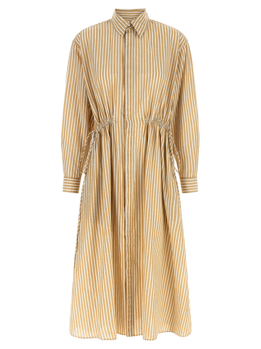Dress by Polo Ralph Lauren for women in linen & cotton beige & striped presents a sinuous silhouette, showcasing a sophisticated and detailed with a sinuous midi for a refined finish.