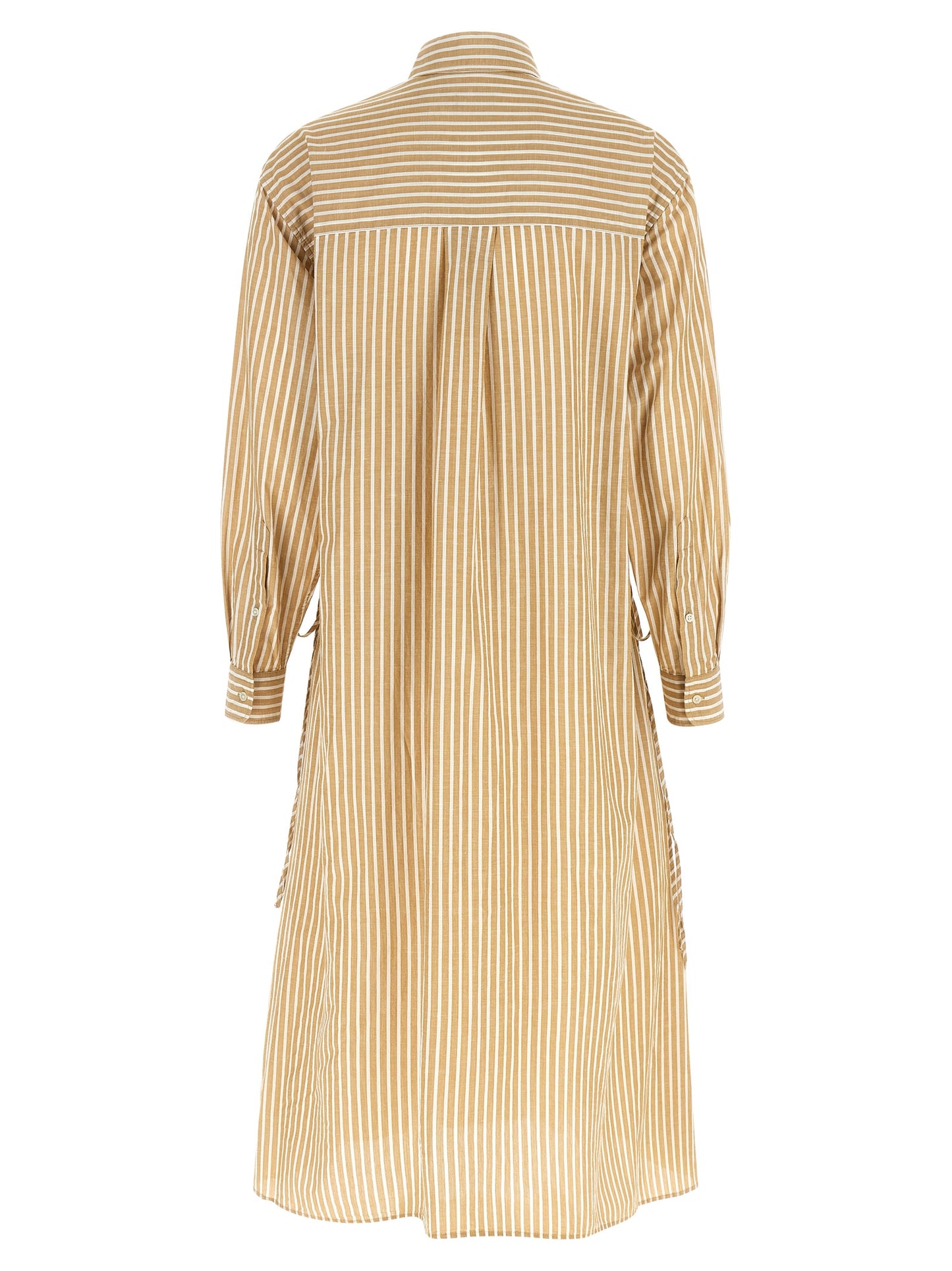 Dress by Polo Ralph Lauren for women in linen & cotton beige & striped features an cute silhouette, detailed with a and that elegantly flows into a cute midi.