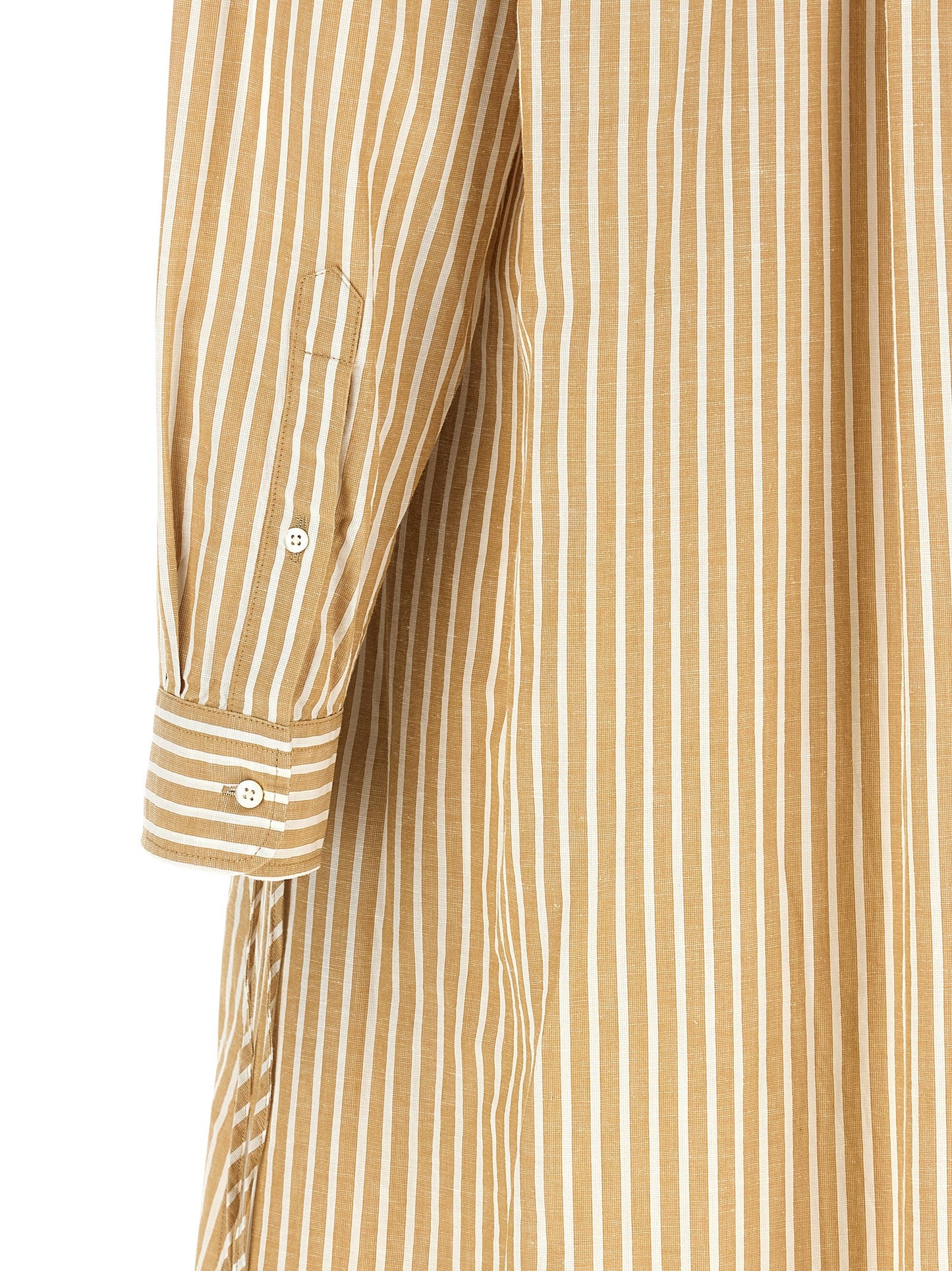 Dress by Polo Ralph Lauren for women in linen & cotton beige & striped features an eye catching silhouette with a sophisticated , elegant , and a refined midi for a eye catching aesthetic.