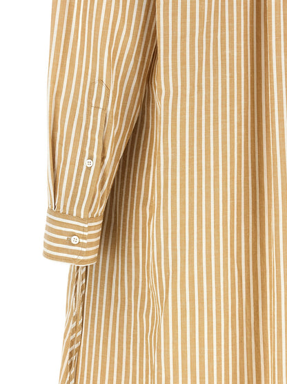 Dress by Polo Ralph Lauren for women in linen & cotton beige & striped features an eye catching silhouette with a sophisticated , elegant , and a refined midi for a eye catching aesthetic.