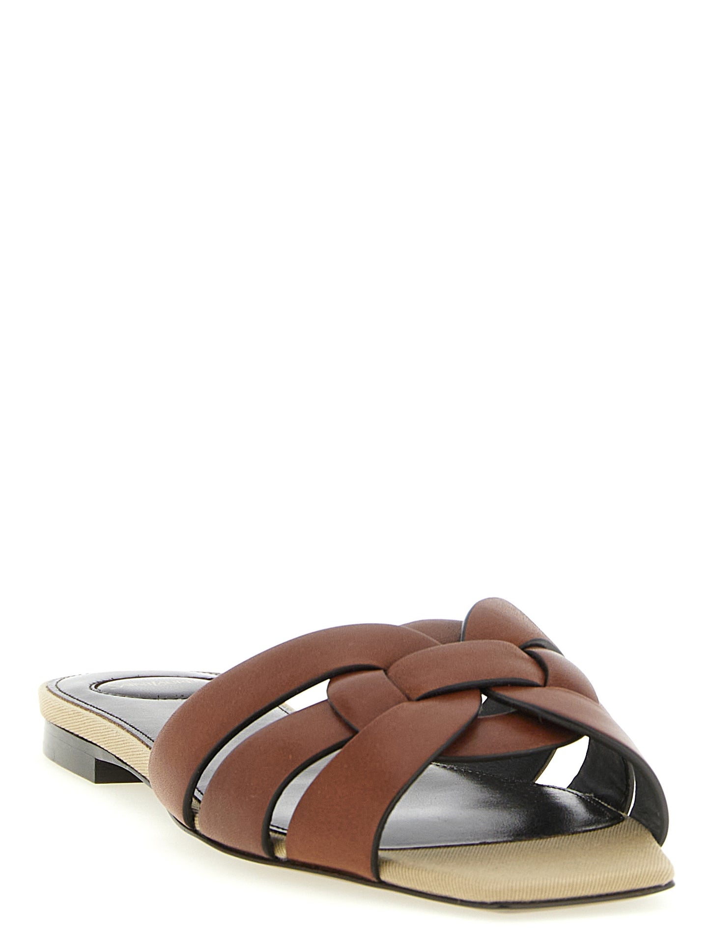 Mules Sliders Flat Shoes by Saint Laurent for women in calfskin leather brown features an statuesque silhouette from the Women's Calfskin Leather Mules Sliders Flat Shoes collection, showcasing a and a statuesque square toe style for a statuesque look.