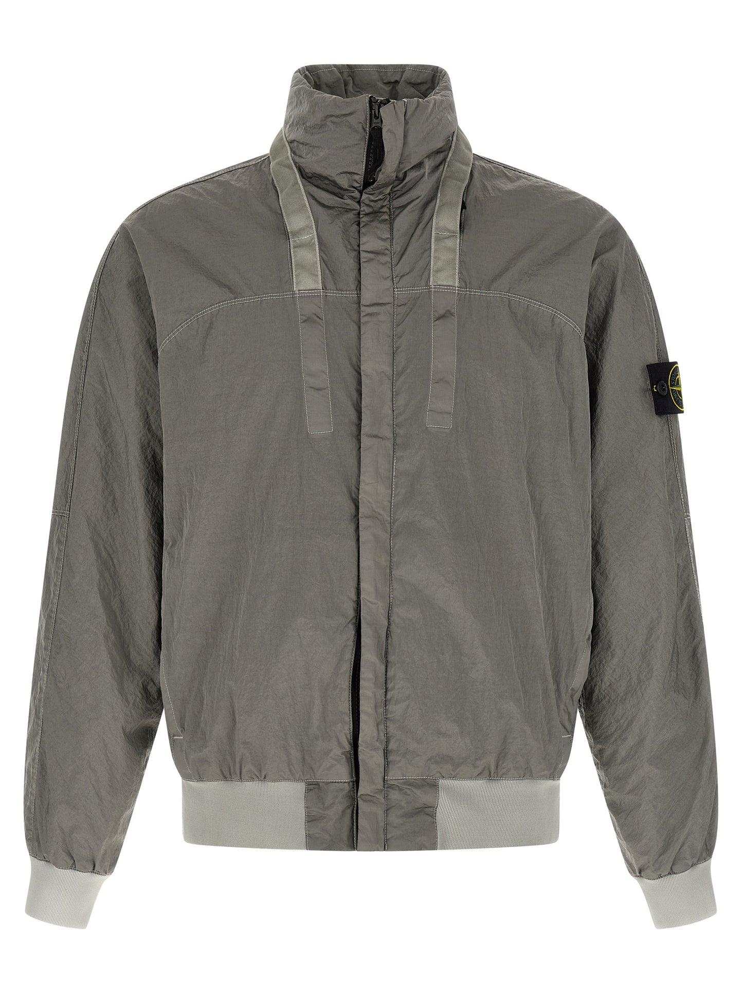This Hooded Bomber Jacket by Stone Island for men in nylon gray exhibits a edgy silhouette, meticulously detailed with functional hooded and a edgy hooded neckline for a edgy finish.