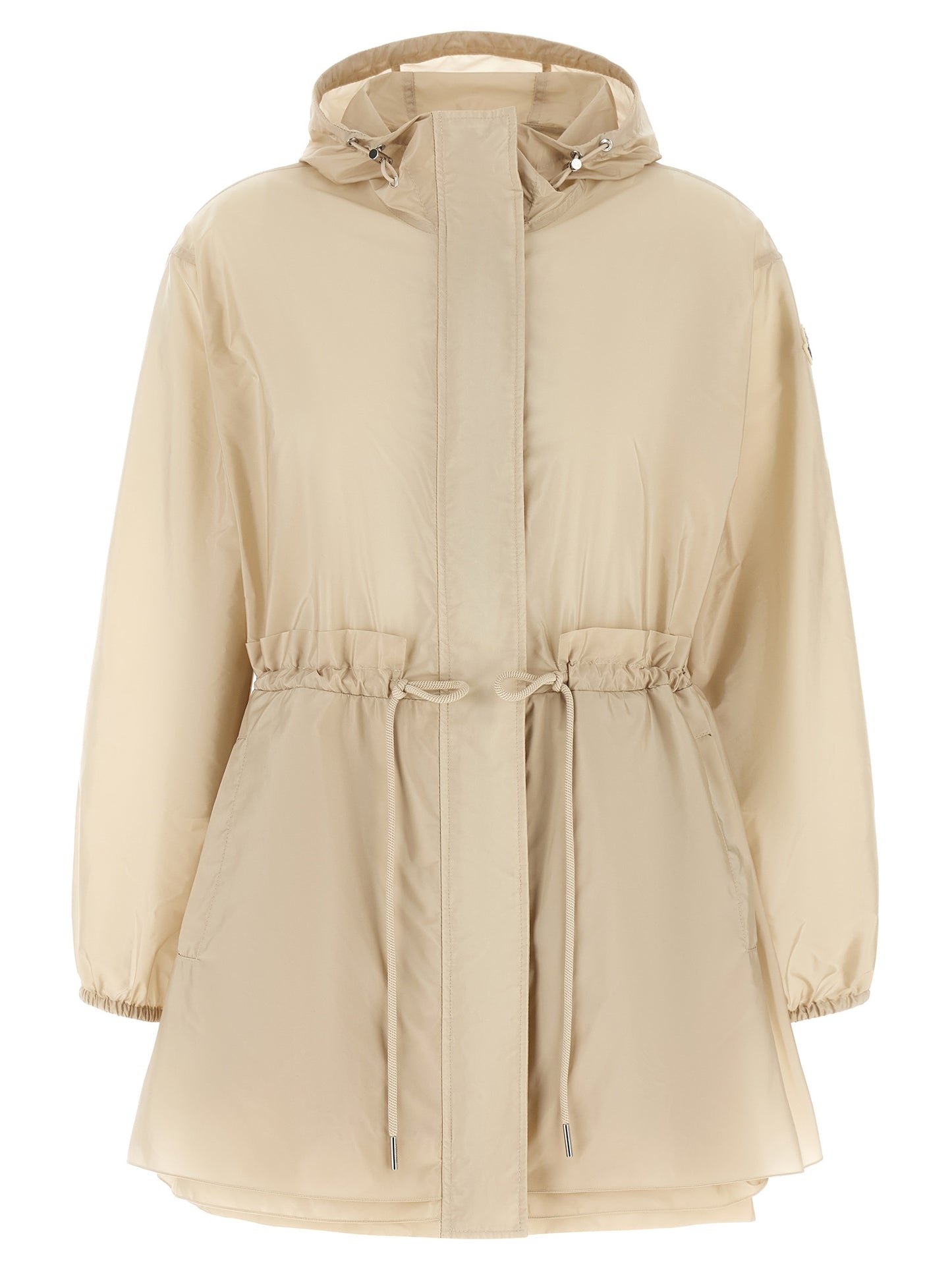 Hooded Windbreaker Jacket by Moncler for women in nylon felt beige showcases a urban chic silhouette, detailed with a urban chic hooded asymmetric neckline and functional pockets, hooded & windproof for a polished finish.