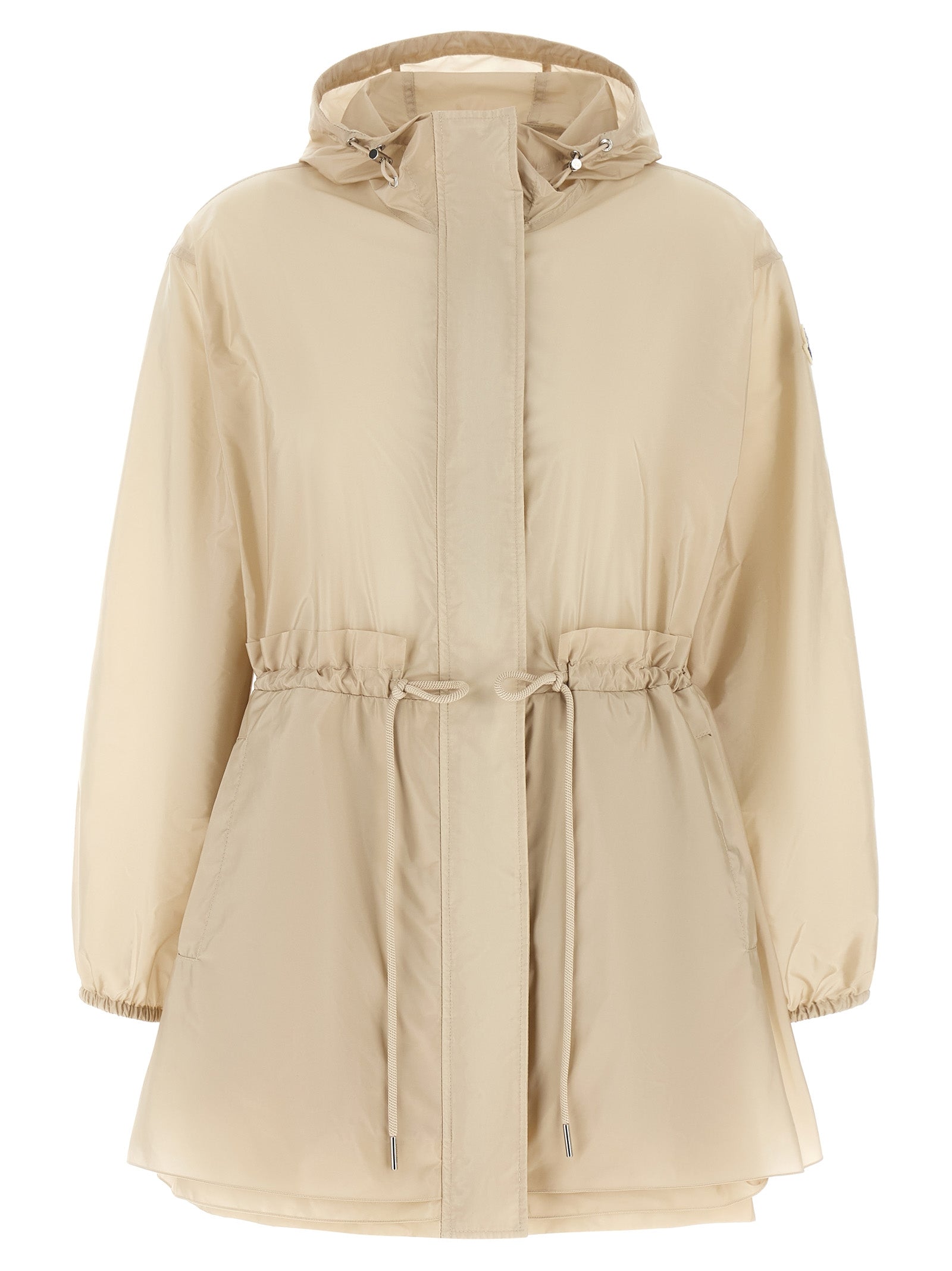 Hooded Windbreaker Jacket by Moncler for women in nylon felt beige showcases a urban chic silhouette, detailed with a urban chic hooded asymmetric neckline and functional pockets, hooded & windproof for a polished finish.