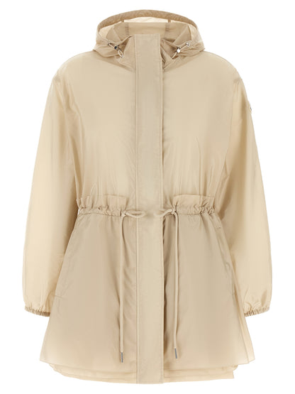 Hooded Windbreaker Jacket by Moncler for women in nylon felt beige showcases a urban chic silhouette, detailed with a urban chic hooded asymmetric neckline and functional pockets, hooded & windproof for a polished finish.