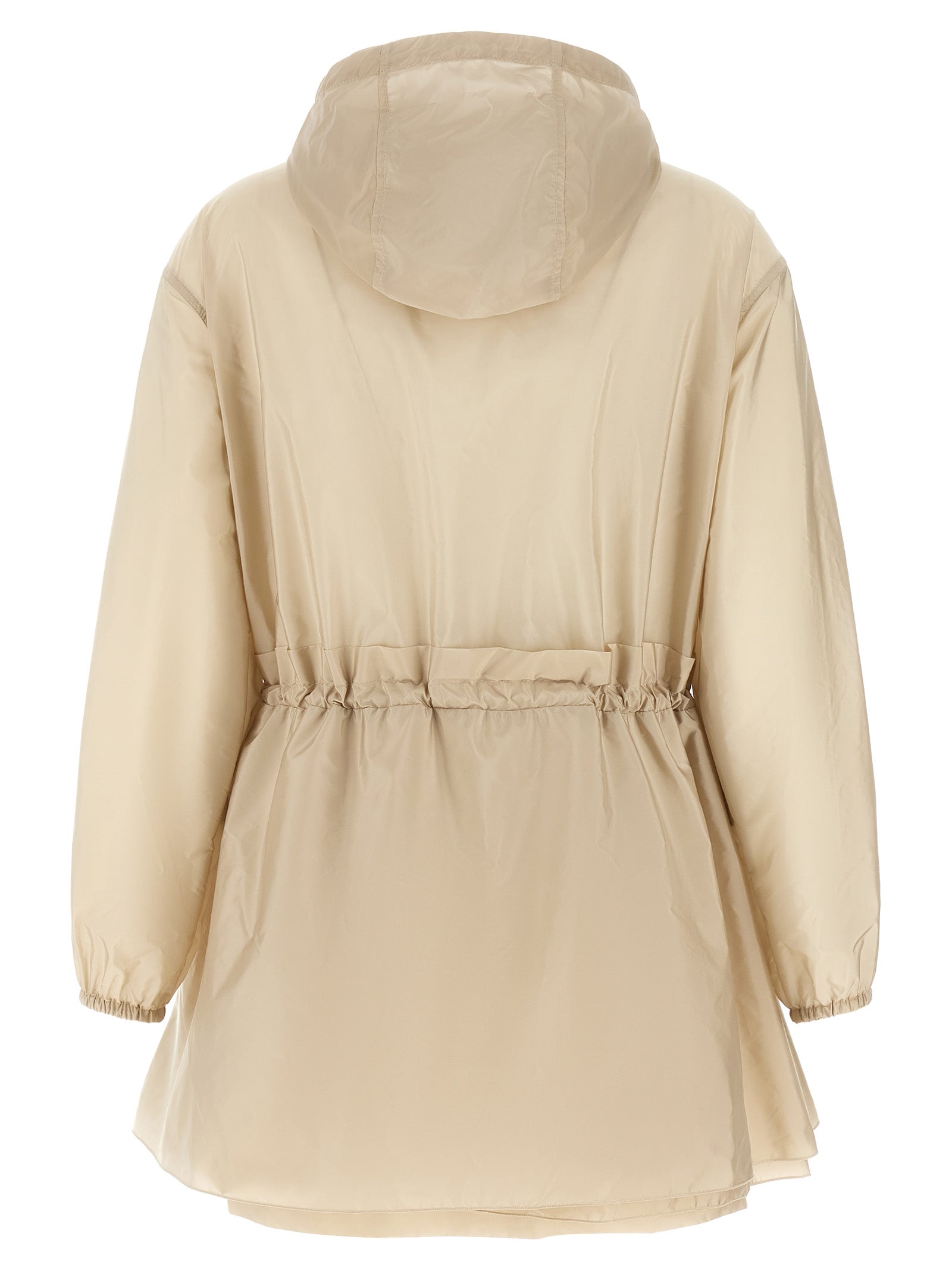 Hooded Windbreaker Jacket by Moncler for women in nylon felt beige features an enduring silhouette, showcasing technical pockets, hooded & windproof and a sophisticated hooded asymmetric neckline for a truly enduring aesthetic.
