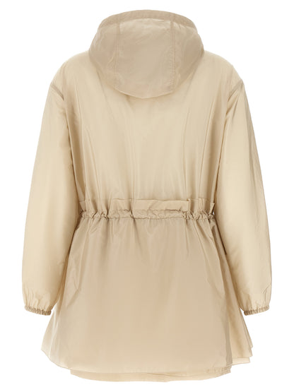 Hooded Windbreaker Jacket by Moncler for women in nylon felt beige features an enduring silhouette, showcasing technical pockets, hooded & windproof and a sophisticated hooded asymmetric neckline for a truly enduring aesthetic.