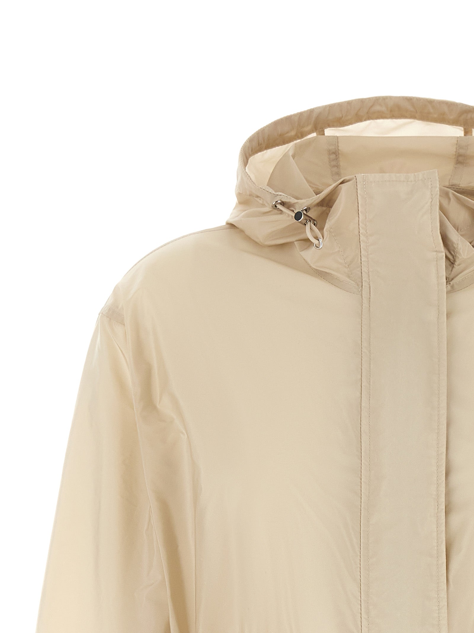 Hooded Windbreaker Jacket by Moncler for women in nylon felt beige showcases a modern silhouette, integrating pockets, hooded & windproof and a modern hooded asymmetric neckline for a sophisticated finish.